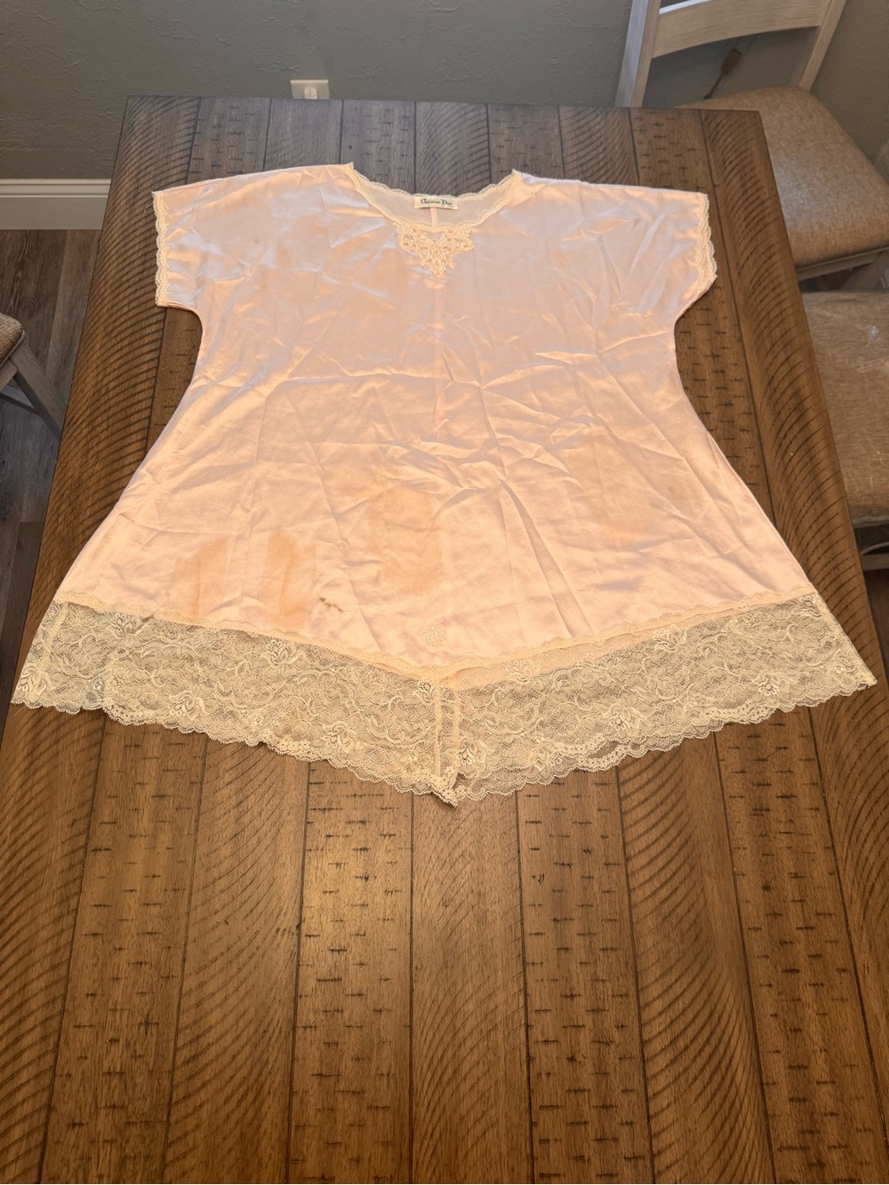 CHRISTIAN DIOR VINTAGE Pale Pink Sleep Dress/Tunic with Off White Lace Trim